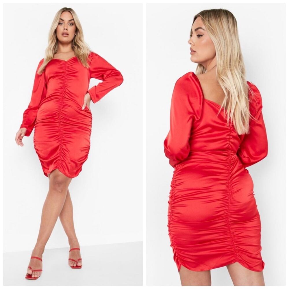 Boohoo Plus Women's Red Satin Ruched Bodycon Strappy Neckline Midi Dress Size 12